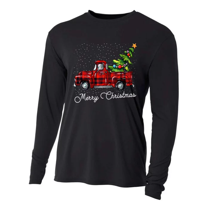 Red Buffalo Plaid Pickup Truck With Tree Merry Christmas Cooling Performance Long Sleeve Crew