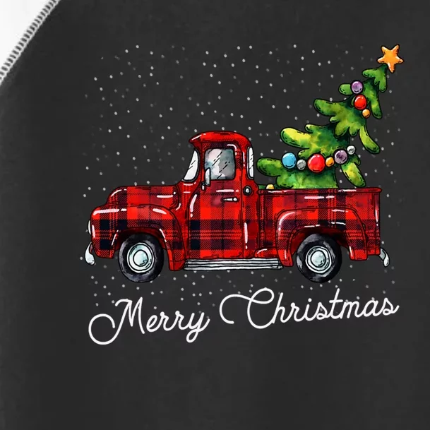 Red Buffalo Plaid Pickup Truck With Tree Merry Christmas Toddler Fine Jersey T-Shirt