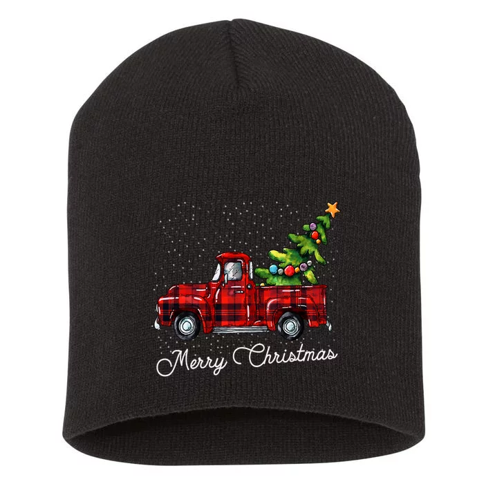 Red Buffalo Plaid Pickup Truck With Tree Merry Christmas Short Acrylic Beanie