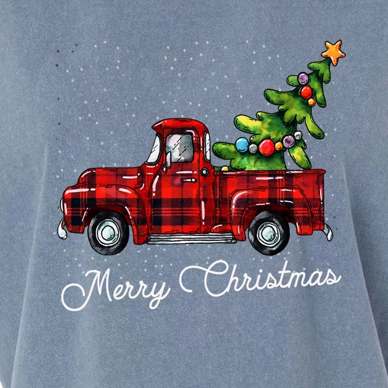 Red Buffalo Plaid Pickup Truck With Tree Merry Christmas Garment-Dyed Women's Muscle Tee