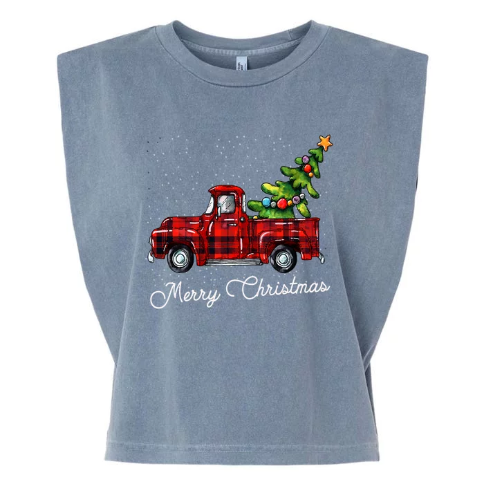 Red Buffalo Plaid Pickup Truck With Tree Merry Christmas Garment-Dyed Women's Muscle Tee