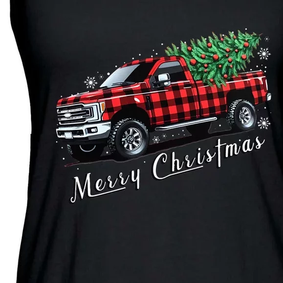 Red Buffalo Plaid Pickup Truck With Tree Merry Christmas Ladies Essential Flowy Tank