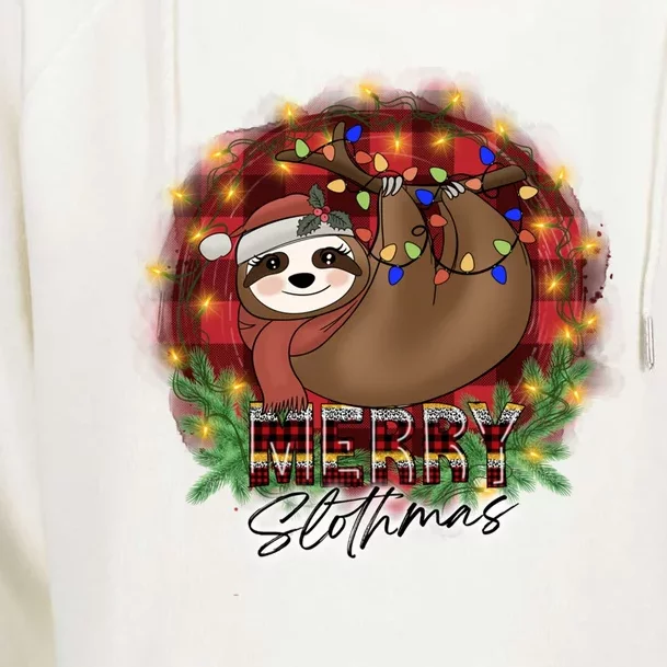 Red Buffalo Plaid Merry Slothmas Tangled Christmas Lights Gift Womens Funnel Neck Pullover Hood