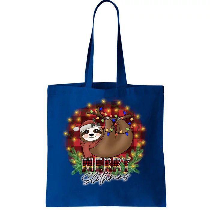 Red Buffalo Plaid Merry Slothmas Tangled Christmas Lights Gift Tote Bag