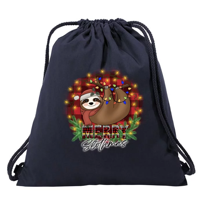 Red Buffalo Plaid Merry Slothmas Tangled Christmas Lights Gift Drawstring Bag