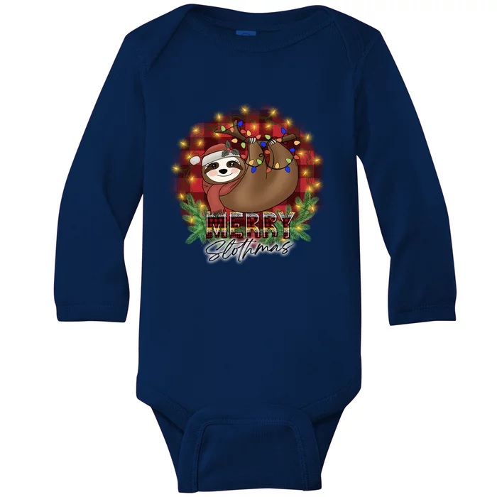 Red Buffalo Plaid Merry Slothmas Tangled Christmas Lights Gift Baby Long Sleeve Bodysuit