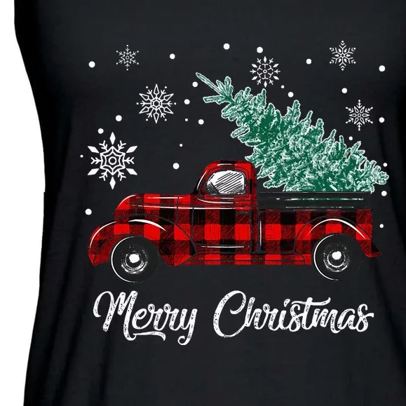 Red Buffalo Plaid Pickup Truck with Tree Merry Christmas Ladies Essential Flowy Tank