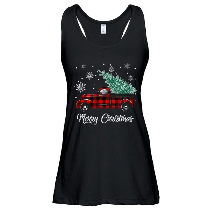 Red Buffalo Plaid Pickup Truck with Tree Merry Christmas Ladies Essential Flowy Tank