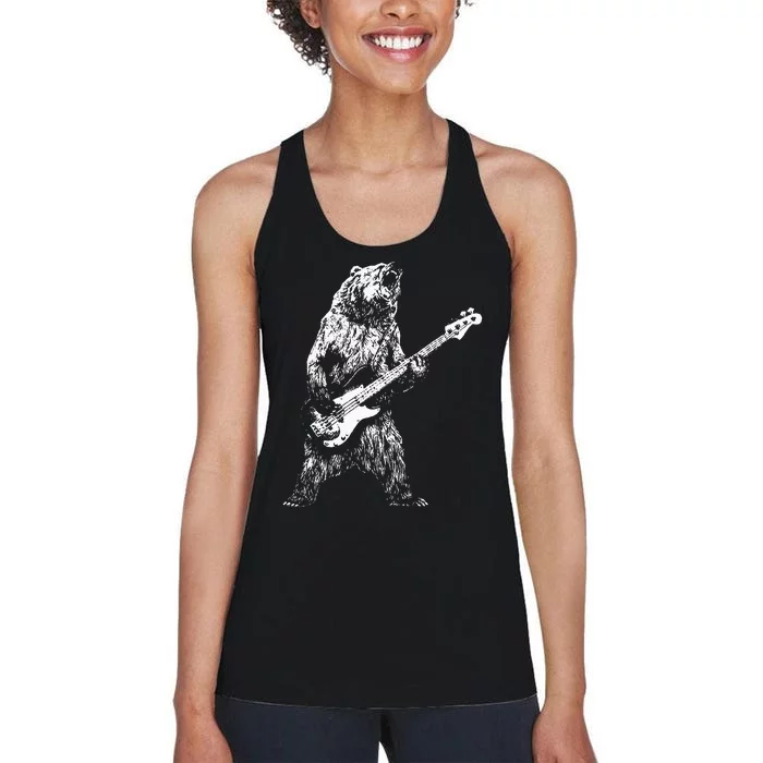 Retro Bear Playing Bass Guitar Bear Guitarist Women's Racerback Tank