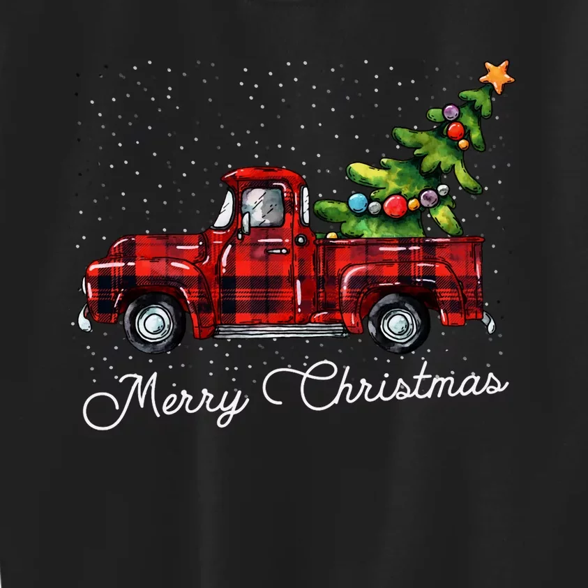 Red Buffalo Plaid Pickup Truck With Tree Merry Christmas Long Sleeve Kids Sweatshirt