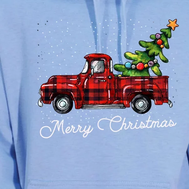 Red Buffalo Plaid Pickup Truck With Tree Merry Christmas Funny Gift Unisex Surf Hoodie