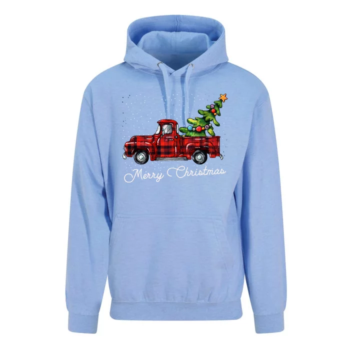 Red Buffalo Plaid Pickup Truck With Tree Merry Christmas Funny Gift Unisex Surf Hoodie