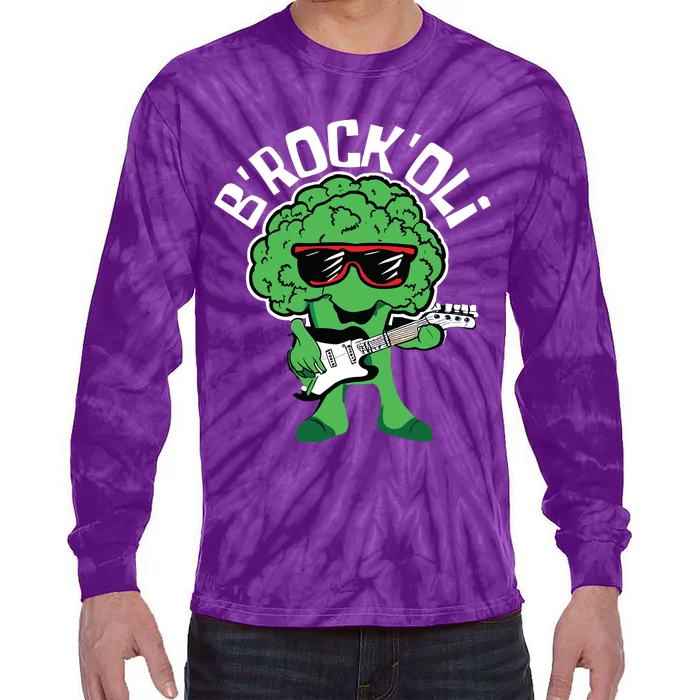 Rocking Broccoli Playing Guitar Veggie Vegetable Vegetarian Tie-Dye Long Sleeve Shirt