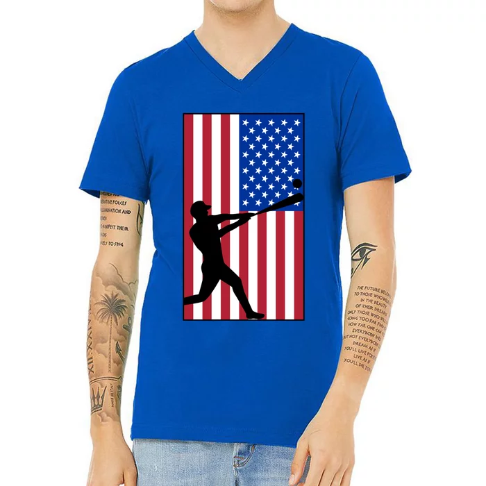 Retro Baseball Player Usa Flag Sports Lover Coach Graphic Cute Gift V-Neck T-Shirt