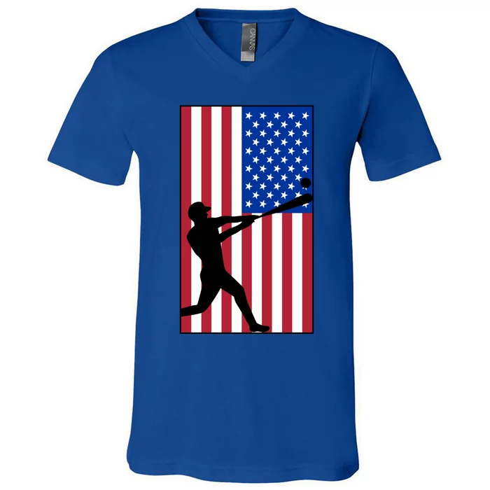 Retro Baseball Player Usa Flag Sports Lover Coach Graphic Cute Gift V-Neck T-Shirt