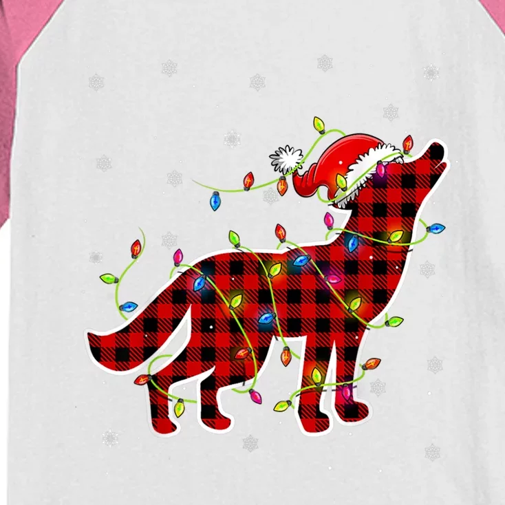 Red Buffalo Plaid Wolf Santa Christmas Pajamas Matching Kids Colorblock Raglan Jersey