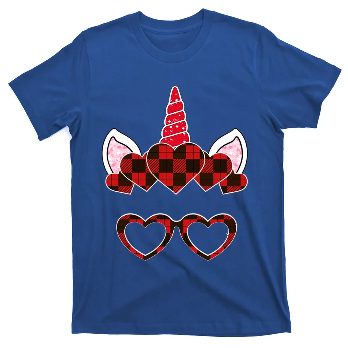 Red Buffalo Plaid Valentines Day Unicorn Face Hearts Cute Gift T-Shirt