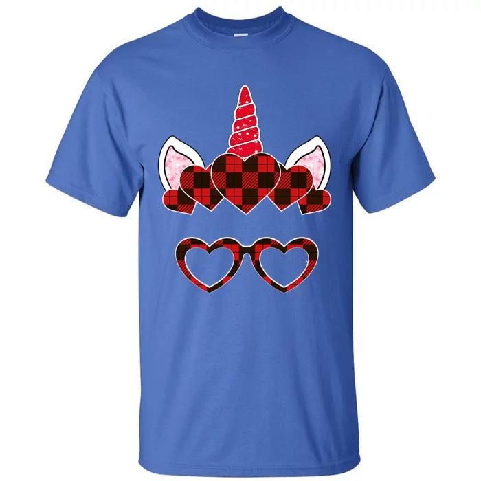 Red Buffalo Plaid Valentines Day Unicorn Face Hearts Cute Gift Tall T-Shirt