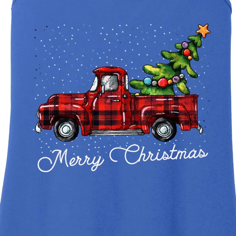 Red Buffalo Plaid Pickup Truck With Tree Merry Christmas Gift Ladies Essential Tank