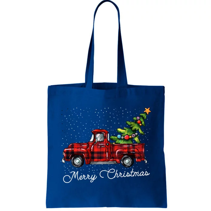 Red Buffalo Plaid Pickup Truck With Tree Merry Christmas Gift Tote Bag