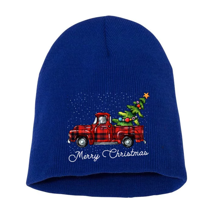 Red Buffalo Plaid Pickup Truck With Tree Merry Christmas Gift Short Acrylic Beanie