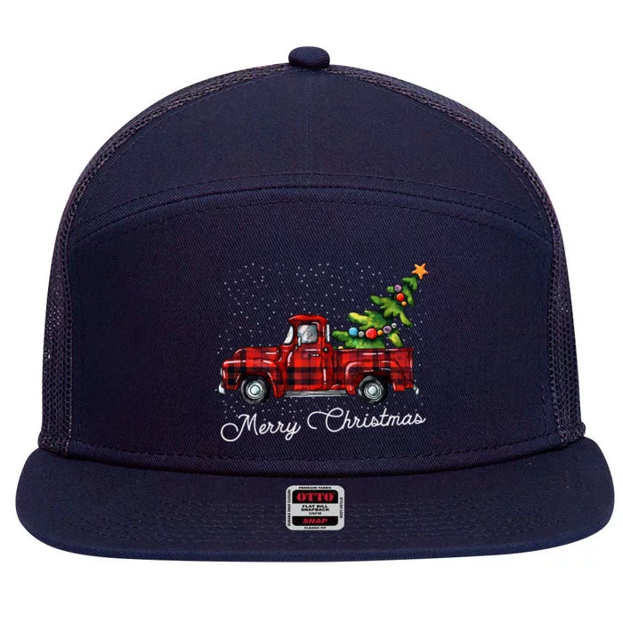 Red Buffalo Plaid Pickup Truck With Tree Merry Christmas Gift 7 Panel Mesh Trucker Snapback Hat