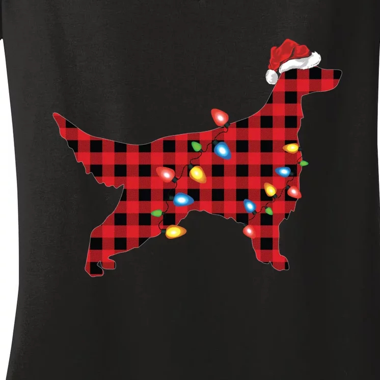 Red Buffalo Plaid Santa Irish Setter Dog Christmas Pajama Sweatshirt Women's V-Neck T-Shirt