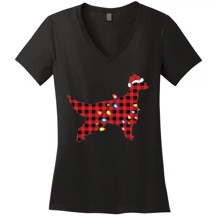 Red Buffalo Plaid Santa Irish Setter Dog Christmas Pajama Sweatshirt Women's V-Neck T-Shirt