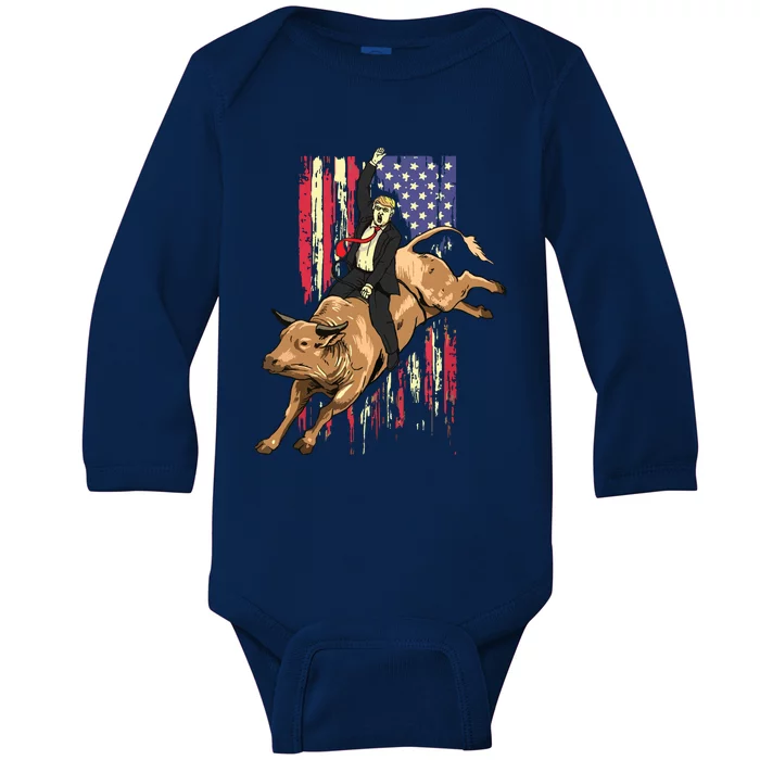 Rodeo Bull Rider Trump American Flag Cowboy Bull Riding Baby Long Sleeve Bodysuit