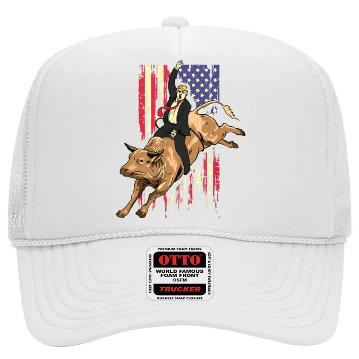 Rodeo Bull Rider Trump American Flag Cowboy Bull Riding High Crown Mesh Trucker Hat