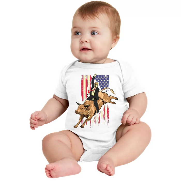 Rodeo Bull Rider Trump American Flag Cowboy Bull Riding Baby Bodysuit