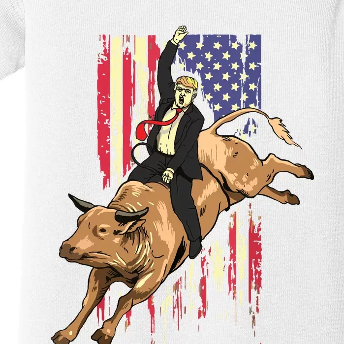 Rodeo Bull Rider Trump American Flag Cowboy Bull Riding Baby Bodysuit