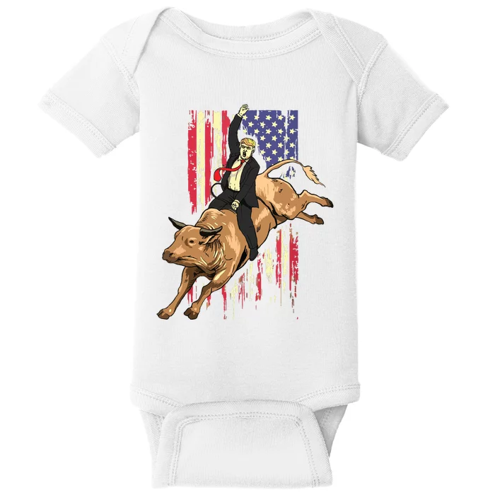 Rodeo Bull Rider Trump American Flag Cowboy Bull Riding Baby Bodysuit