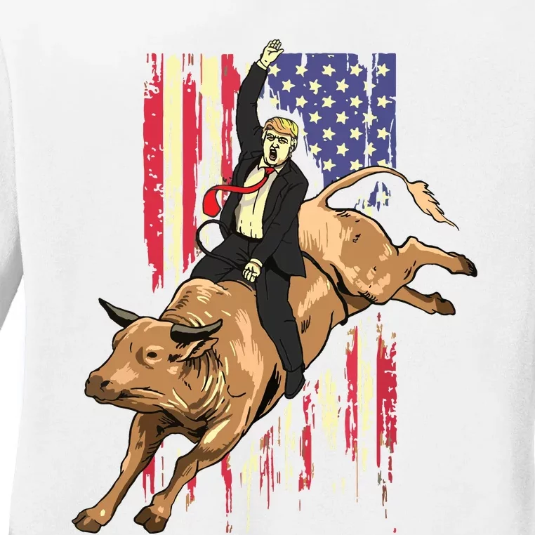 Rodeo Bull Rider Trump American Flag Cowboy Bull Riding Ladies Long Sleeve Shirt