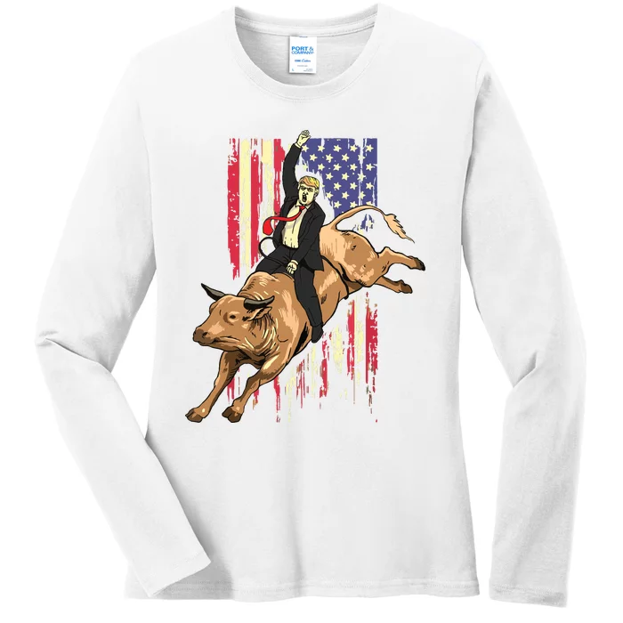 Rodeo Bull Rider Trump American Flag Cowboy Bull Riding Ladies Long Sleeve Shirt