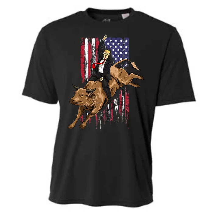 Rodeo Bull Rider Trump American Flag Cowboy Bull Riding Cooling Performance Crew T-Shirt