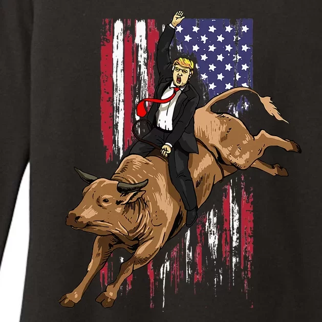 Rodeo Bull Rider Trump American Flag Cowboy Bull Riding Womens CVC Long Sleeve Shirt