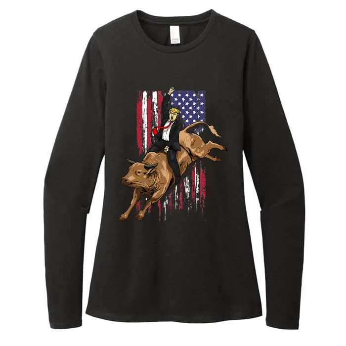 Rodeo Bull Rider Trump American Flag Cowboy Bull Riding Womens CVC Long Sleeve Shirt