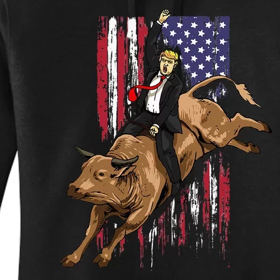 Rodeo Bull Rider Trump American Flag Cowboy Bull Riding Women's Pullover Hoodie