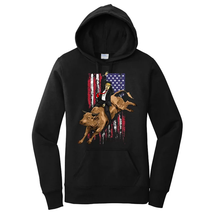 Rodeo Bull Rider Trump American Flag Cowboy Bull Riding Women's Pullover Hoodie