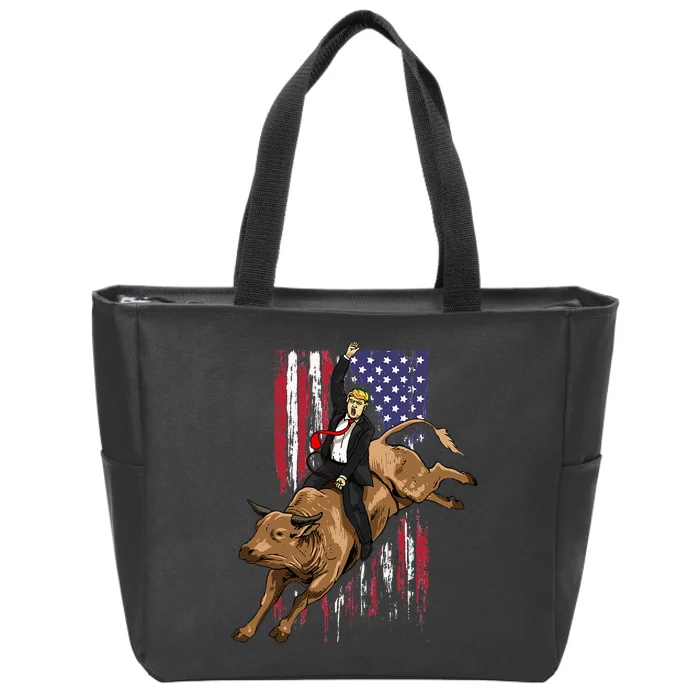 Rodeo Bull Rider Trump American Flag Cowboy Bull Riding Zip Tote Bag