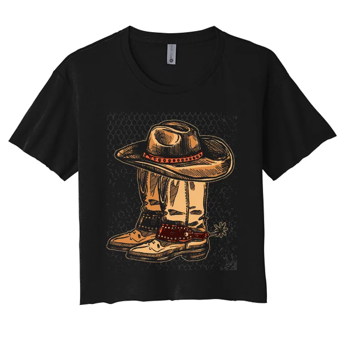 Rodeo Bull Riding Hat Line Dance Boots Cowboy Women's Crop Top Tee