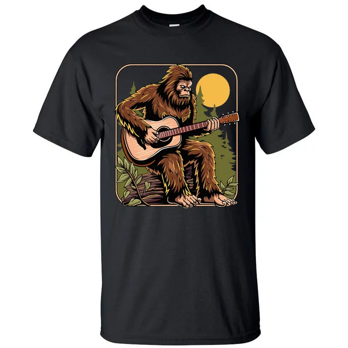 Retro Bigfoot Sasquatch Playing Acoustic Guitar Guitarist Tall T-Shirt