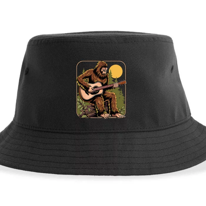 Retro Bigfoot Sasquatch Playing Acoustic Guitar Guitarist Sustainable Bucket Hat