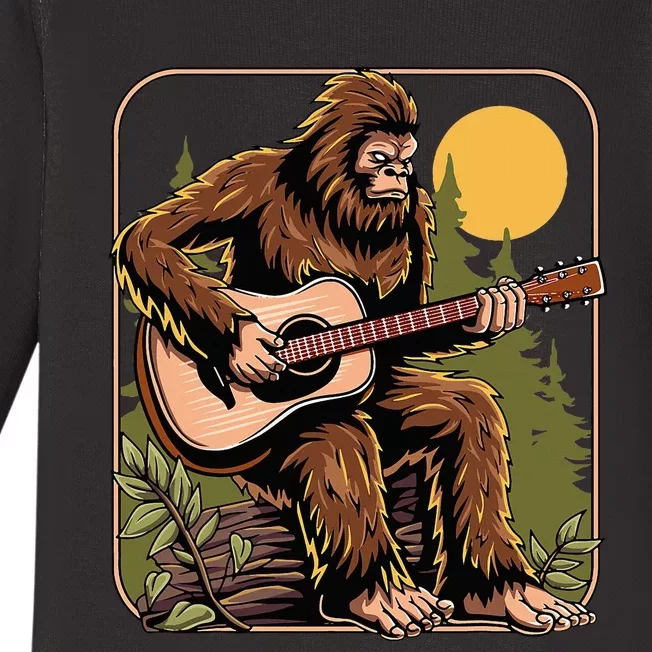 Retro Bigfoot Sasquatch Playing Acoustic Guitar Guitarist Baby Long Sleeve Bodysuit