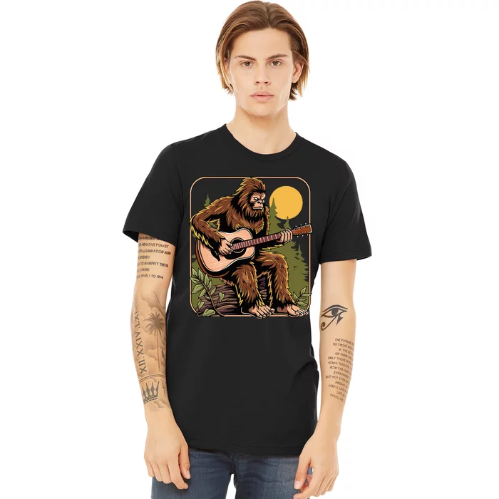 Retro Bigfoot Sasquatch Playing Acoustic Guitar Guitarist Premium T-Shirt