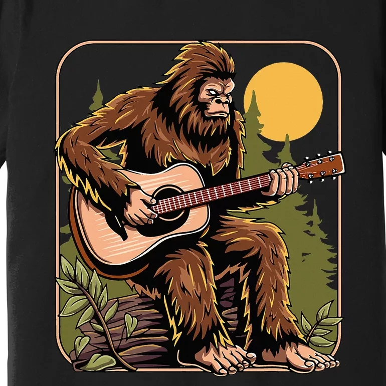 Retro Bigfoot Sasquatch Playing Acoustic Guitar Guitarist Premium T-Shirt