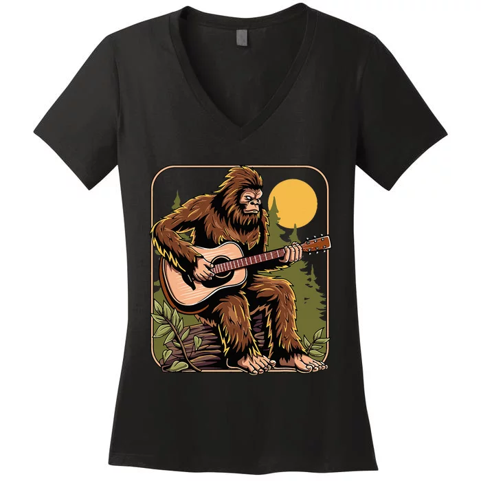 Retro Bigfoot Sasquatch Playing Acoustic Guitar Guitarist Women's V-Neck T-Shirt