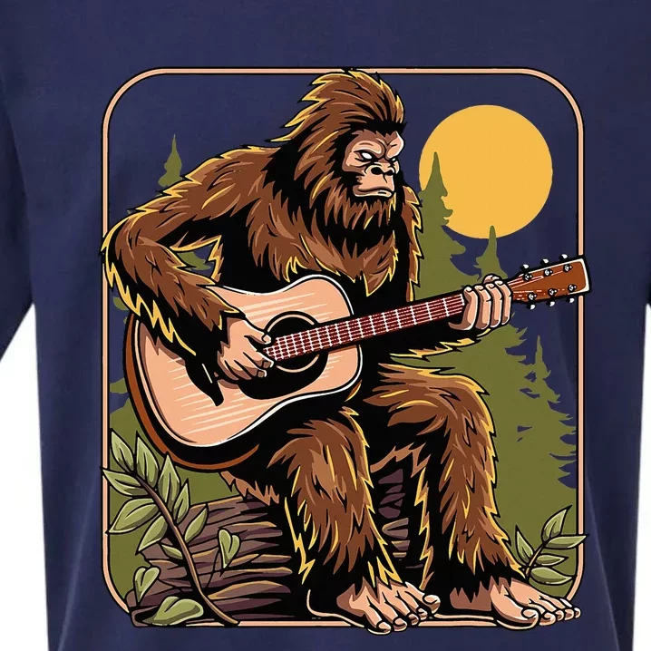 Retro Bigfoot Sasquatch Playing Acoustic Guitar Guitarist Sueded Cloud Jersey T-Shirt