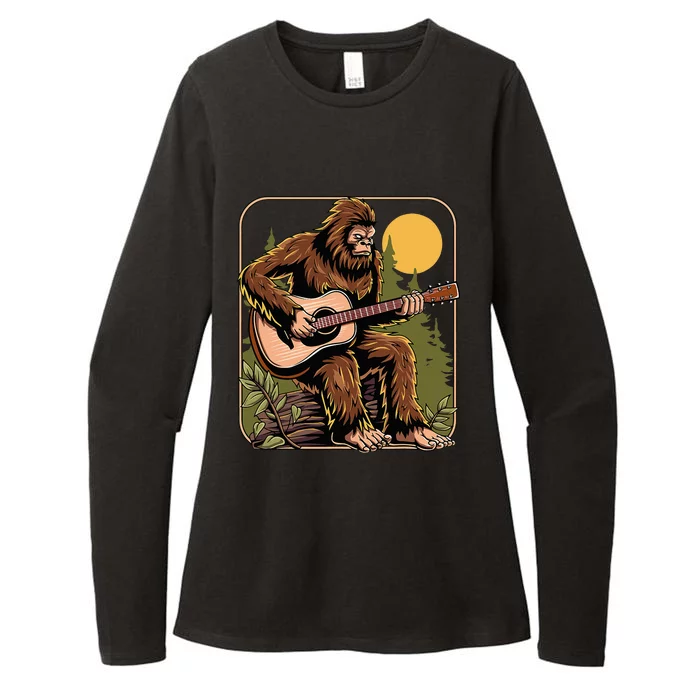 Retro Bigfoot Sasquatch Playing Acoustic Guitar Guitarist Womens CVC Long Sleeve Shirt